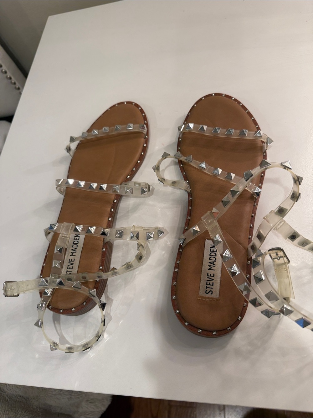 Steve Madden Clear Studded Strappy Sandals with Tan Footbed